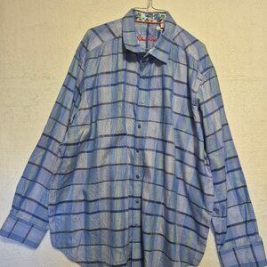 Robert Graham XXL Button-Up Shirt Blue Plaid Check Long Sleeve Luxury Designer